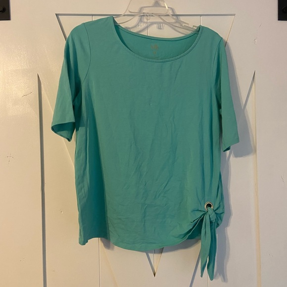 Belle by Kim Gravel Blue Tie Front Short Sleeve Tee - Picture 1 of 6